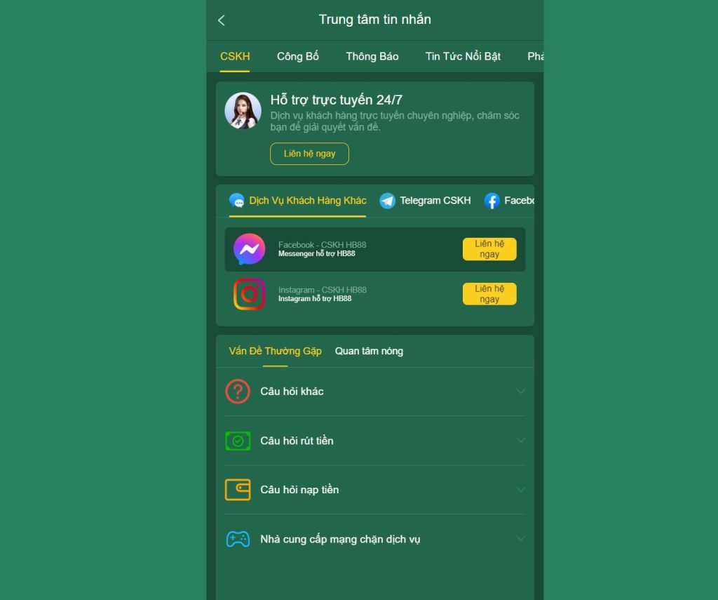 các kênh chăm sóc khách hàng của nhà cái hb88